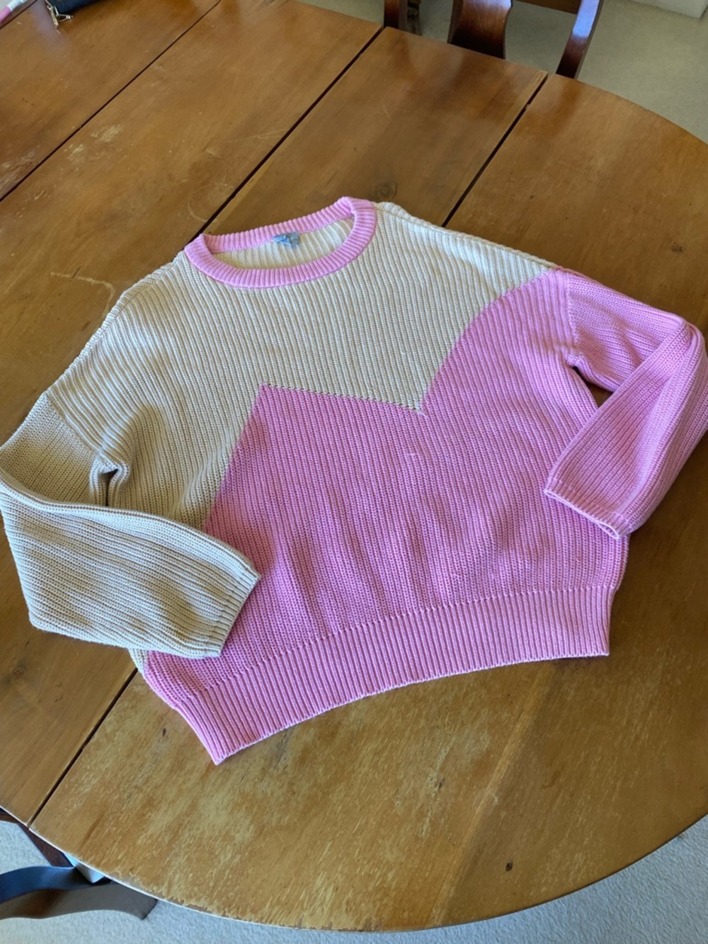 100% Cotton Natural Fiber Pink Cream Colorblock Crewneck Sweater Preppy Medium